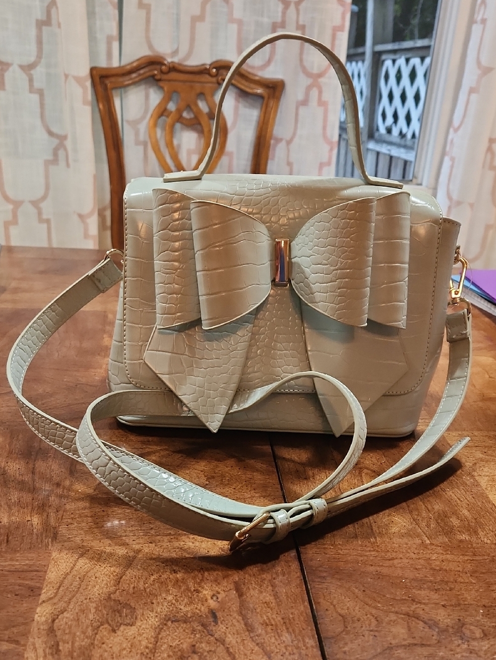 Cream Croc-Embossed Bow Satchel with Top Handle and Strap